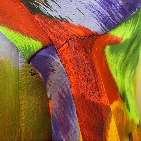 Vintage Floral Blouse Sheer Stripe Vibrant Colors Rolled Collar Eclectic Pleats - Picture 10 of 16